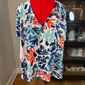 Nic+Zoe 3X Tunic Top Multicolor Floral Print V-Neck Short Sleeve Lightweight